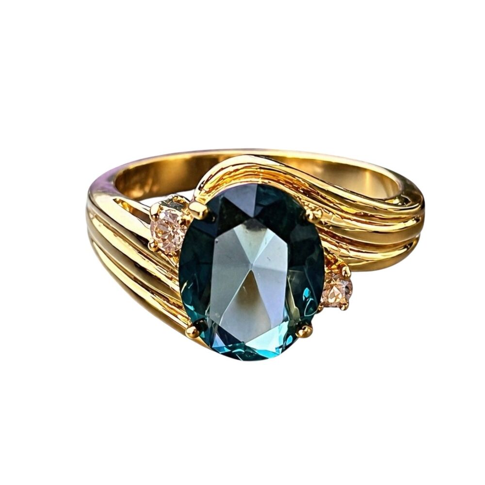 Vintage 1980s Blue Austrian Crystal Ring Size 6 14KTGE Gold Plate - 14E